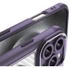 Fioletowe etui na telefon z widocznymi wycięciami na przyciski i aparat, posiada teksturowane wnętrze. Na etui znajdują się trzy okrągłe otwory na obiektywy aparatu oraz jeden mniejszy otwór.