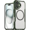 Zielone etui na telefon z widocznym okrągłym wzorem na tylnej części, obok którego znajduje się telefon z wyświetlaczem przedstawiającym abstrakcyjną grafikę. Etui ma wycięcia na aparat i przyciski, a jego powierzchnia ma teksturę przypominającą włókno węglowe.