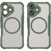Zielone etui do telefonu z widocznym wzorem przypominającym włókno węglowe oraz okrągłym oznaczeniem MagSafe. Etui ma wycięcia na aparat i przyciski, a jego krawędzie są wzmocnione.