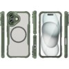 Zielone etui HURTEL Leading Series MagSafe do Apple iPhone 16 Plus jest przedstawione z różnych stron, ukazując jego teksturę i otwory na aparat oraz porty. Na tylnej części etui widoczny jest okrągły wzór, charakterystyczny dla funkcji MagSafe.