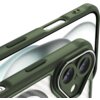 Zielone etui ochronne z wycięciami na przyciski i aparat, przeznaczone dla telefonu z dużymi obiektywami aparatu. Etui ma przezroczysty tył z widocznym wzorem i jest kompatybilne z technologią MagSafe.