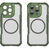 Zielone etui z serii HURTEL Leading Series MagSafe do Apple iPhone 16 Pro, z widocznym wzorem przypominającym włókno węglowe i okrągłym oznaczeniem MagSafe. Etui ma wycięcia na aparat i przyciski, a jego krawędzie są wzmocnione.