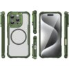 Zielone etui do telefonu z widocznym okrągłym wzorem na tylnej części, przeznaczone dla modelu Apple iPhone 16 Pro, z wycięciami na aparat i porty. Przód etui pokazuje ekran telefonu z abstrakcyjnym wzorem w odcieniach szarości.