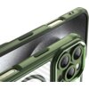 Zielone etui na telefon z wycięciami na przyciski i aparat, posiadające wzór w kształcie okręgu na tylnej części. Wewnątrz etui widoczna jest tekstura przypominająca materiał ochronny.