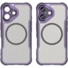 Fioletowe etui do telefonu z widocznym wzorem przypominającym włókno węglowe oraz okrągłym oznaczeniem MagSafe. Etui ma wycięcia na aparat i przyciski, a jego krawędzie są wzmocnione.