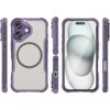 Fioletowe etui na telefon z widocznym okrągłym wzorem na tylnej części, zaprojektowane dla modelu Apple iPhone 16. Etui posiada wycięcia na aparat, porty oraz przyciski, a jego powierzchnia ma teksturę przypominającą włókno węglowe.