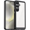 Czarne etui na telefon z przezroczystym tyłem, zaprojektowane dla modelu Samsung Galaxy S25, z widocznymi trzema otworami na aparaty oraz przyciskami bocznymi. Tło etui jest przezroczyste, co pozwala na widoczność tylnej części telefonu.