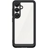 Czarne etui na telefon z trzema okrągłymi wycięciami na aparaty i jednym mniejszym na lampę błyskową, wykonane z przezroczystego materiału z czarną ramką. Produkt przeznaczony jest do modelu Samsung Galaxy S25.