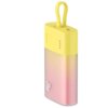 Żółto-różowy powerbank o pojemności 5200 mAh z zaokrąglonymi krawędziami, posiada cztery diody LED wskazujące poziom naładowania oraz napis "20W" na dolnej części obudowy. Na górze znajduje się żółty uchwyt oraz porty do ładowania, a po boku widoczny jest napis "Baseus".