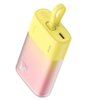 Żółto-różowy powerbank z gradientowym wykończeniem, posiadający logo "Baseus" oraz widoczne złącze USB-C i przycisk. Na obudowie znajdują się trzy diody LED oraz logo "20W".