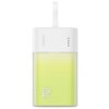 Biało-zielony powerbank z logo "Baseus" na białej części obudowy, posiadający cztery małe, czarne wskaźniki LED oraz oznaczenie "20W" na zielonej części. Powerbank ma prostokątny kształt z zaokrąglonymi krawędziami i białą pętlą na górze.