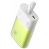 Biało-zielony powerbank z logo "Baseus" na górnej części, posiadający port USB-C oraz przycisk zasilania. Na obudowie widoczne są trzy diody LED oraz napis "20W".
