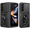 Czarne etui HURTEL Hybrid Armor Camshield do Samsung Galaxy Z Fold 7 jest widoczne na zdjęciu, z wyraźnie zaznaczonymi elementami ochronnymi i okrągłym uchwytem. Etui posiada przesuwane osłony na aparaty oraz teksturowane powierzchnie dla lepszego chwytu.