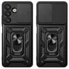 Czarne etui ochronne z solidną konstrukcją i teksturowanym wzorem, posiada przesuwane osłony na aparaty oraz centralnie umieszczony uchwyt obrotowy. Produkt przeznaczony jest do modelu Samsung Galaxy Z Fold 7.