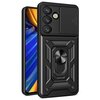 Przedstawione jest czarne etui ochronne z solidną konstrukcją i wbudowanym uchwytem, przeznaczone dla telefonu Google Pixel 9 Pro XL 5G/10 Pro XL 5G. Etui posiada trzy otwory na obiektywy aparatu oraz przesuwany panel ochronny na kamerę.