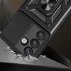 Czarne etui HURTEL Hybrid Armor Camshield do Google Pixel 9 Pro XL 5G/10 Pro XL 5G z widocznymi trzema okrągłymi otworami na aparaty oraz jednym na lampę błyskową, leży na powierzchni z pęknięciami. Etui ma teksturowaną powierzchnię z geometrycznymi wzora