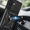 Czarne etui HURTEL Hybrid Armor Camshield do Google Pixel 9 Pro XL 5G/10 Pro XL 5G jest zamontowane na magnetycznym uchwycie samochodowym, z widocznym efektem wizualnym przypominającym iskrzenie. Etui ma teksturowaną powierzchnię z geometrycznymi wzorami 