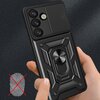 Czarne etui na telefon z trzema widocznymi obiektywami aparatu i przesuwaną osłoną, posiada centralnie umieszczony uchwyt w kształcie pierścienia. Na tle znajduje się przekreślony odcisk palca.