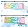 Opakowanie klawiatury DELTACO WK75 RGB przedstawia klawiaturę z podświetleniem w kolorach tęczy na białym tle z niebieskimi akcentami. Widoczny jest napis "MEMBRANE GAMING KEYBOARD WK75" oraz logo producenta.