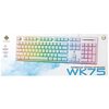 Na zdjęciu znajduje się klawiatura z podświetleniem RGB, z widocznym napisem "MEMBRANE GAMING KEYBOARD WK75". W tle widać niebieskie i białe wzory, a po lewej stronie znajduje się logo producenta oraz kilka linii tekstu w języku angielskim.