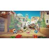 Na obrazku widoczna jest scena z gry "Asterix & Obelix - Mission Babylon" na konsolę Nintendo Switch, przedstawiająca postacie w dynamicznej akcji w kolorowym, kreskówkowym otoczeniu z budynkami i roślinnością. Na ekranie znajdują się efekty dźwiękowe w f