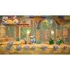 Na obrazku znajduje się scena z gry "Asterix & Obelix - Mission Babylon" na konsolę Nintendo Switch, przedstawiająca kolorowe, kreskówkowe postacie w akcji na tle starożytnych ruin z łukami i roślinnością. W lewym górnym rogu widoczne są ikony postaci z s
