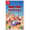 Okładka gry "Asterix & Obelix - Mission Babylon" na konsolę Nintendo Switch przedstawia dynamiczną scenę z postaciami z komiksu, w tym Asteriksa i Obeliksa, na tle starożytnego miasta. Widoczne są logotypy Nintendo Switch oraz Microids, a także oznaczenie