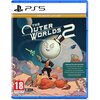 Okładka gry "The Outer Worlds 2 Premium Edition" na PS5 przedstawia postać z głową w kształcie księżyca w cylindrze, stojącą na kolorowym tle z planetami. Na dole widnieje napis "Premium Edition Includes" z listą zawartości, a w lewym dolnym rogu znajduje