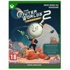Okładka gry "The Outer Worlds 2 Premium Edition" na platformy XBOX SERIES X/S i PC, przedstawia postać z głową w kształcie księżyca w cylindrze, stojącą na kolorowym obcym krajobrazie z planetami w tle. Na dole widnieje informacja o zawartości edycji prem