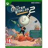 Okładka gry "The Outer Worlds 2 Premium Edition" na konsolę Xbox Series X przedstawia postać z głową w kształcie księżyca, ubraną w garnitur, stojącą na obcej planecie z kolorowym krajobrazem. Widoczny jest tekst: "PEGI 18", "Wymaga pobrania zawartości", 