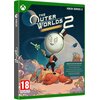 Okładka gry "The Outer Worlds 2 Premium Edition" na konsolę Xbox Series X przedstawia postać z głową w kształcie księżyca stojącą na stworzeniu na tle kosmicznego krajobrazu. Widoczny jest tekst: "PEGI 18 WYMAGA POBRANIA ZAWARTOŚCI GRAFIKA NIE POCHODZI Z 