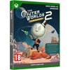 Okładka gry "The Outer Worlds 2 Premium Edition" na platformy XBOX SERIES X/S i PC, przedstawia postać z głową w kształcie księżyca, trzymającą broń, stojącą na kolorowym, obcym krajobrazie. Na dole widnieje informacja o ograniczeniu wiekowym 18+ oraz log