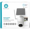 Opakowanie kamery Nedis SmartLife z panelem solarnym, z widocznym logo "Works with Alexa" i "works with Google Assistant". Na opakowaniu znajduje się tekst: "Rechargeable 4G Camera for outdoor/indoor use (IP65) and pan/tilt function", a także ikony symbolizujące funkcje kamery, takie jak 1080p, ładowanie, odporność na warunki atmosferyczne, 128GB i funkcja obrotu.
