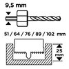 Ilustracja przedstawia schemat techniczny z wiertłem o średnicy 9,5 mm oraz otwornicą z wymiarami 51, 64, 76, 89, 102 mm i głębokością 25 mm.