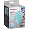 Opakowanie produktu "Mysz DEFENDER Azora MB-241 Miętowy" przedstawia miętową myszkę z kablem, z funkcjami takimi jak "Rainbow backlight" i "Silicone scroll wheel". Na opakowaniu widnieje logo "defender" oraz napis "1200 dpi".