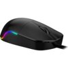 Czarna mysz komputerowa z podświetleniem RGB w kształcie fali na boku, z widocznym kablem i rolką przewijania na górze. Produkt ma gładką, matową powierzchnię.