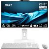 Na zdjęciu widoczny jest biały komputer typu All-in-One marki MSI z ekranem 23.8" Full HD, klawiaturą i myszką. Na ekranie wyświetlane są informacje: "23.8" FULL HD 1920 x 1080 All-in-One PC", "intel CORE i5", "100 Hz", "DDR5", oraz różne ikony graficzne.