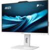 Na zdjęciu widoczny jest biały komputer stacjonarny z monitorem o przekątnej 23,8 cala, z logo "MSI" i napisem "Pro Series" na ekranie, który wyświetla abstrakcyjny, niebieski wzór. Monitor jest zamontowany na prostokątnej podstawie z otworem w pionowej części.