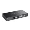 Czarny switch sieciowy z logo "tp-link | Omada" na górnej powierzchni, posiadający 24 porty Ethernet na przednim panelu. Po lewej stronie widoczne są diody LED oraz oznaczenia portów, a po prawej napis "ES224G".