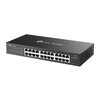 Czarny switch sieciowy z 24 portami Ethernet, na obudowie widoczne logo "tp-link | Omada" oraz oznaczenie modelu "ES224G". Na przednim panelu znajdują się diody sygnalizacyjne oraz napisy informujące o statusie połączeń.