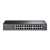 Na obrazie znajduje się czarny switch sieciowy z 24 portami Ethernet, oznaczonymi numerami od 1 do 24. Po lewej stronie widoczny jest napis "tp-link 24-Port Gigabit Desktop/Rackmount Switch", a po prawej "LiteWave LS1024G".