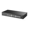 Czarny switch sieciowy z 24 portami Ethernet, oznaczony jako model LS1024G, posiada logo TP-Link oraz napisy "24-Port Gigabit Desktop/Rackmount Switch" i "LiteWave". Na przednim panelu widoczne są diody LED sygnalizujące status połączeń dla każdego portu.