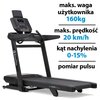 Na zdjęciu znajduje się bieżnia elektryczna z widocznym logo BowFlex oraz konsolą z przyciskami i wyświetlaczem. Obok bieżni umieszczono tekst: "maks. waga użytkownika 160kg, maks. prędkość 20 km/h, kąt nachylenia 0-15%, pomiar pulsu".