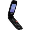 Telefon z klapką w kolorze czarnym, z wyświetlaczem pokazującym godzinę 12:00 oraz datę 12.11.2024, z widocznymi przyciskami numerycznymi i przyciskiem SOS. Na ekranie widoczne są napisy: "maxcom", "Menu", "Contacts".