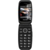 Telefon z klapką w kolorze niebieskim z widocznym logo "maxcom" na ekranie, na którym wyświetlany jest obraz samochodu. Klawiatura zawiera duże, wyraźne przyciski z cyframi i literami oraz przyciski funkcyjne, w tym "SOS".