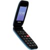 Telefon z klapką w kolorze niebieskim, z wyświetlaczem pokazującym godzinę 12:00, datę 12.11.2024 i dzień tygodnia "Tue". Na klawiaturze widoczne są duże przyciski numeryczne oraz przycisk SOS, a na ekranie znajduje się logo "maxcom".