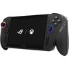 Przenośna konsola do gier z czarną obudową, posiadająca ekran z wyświetlonymi logo ROG i Xbox oraz kolorowe podświetlenie wokół joysticków. Na obudowie widoczne są napisy "ROG" i "ROG Ally".