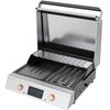 Grill elektryczny z otwartą pokrywą, ukazujący dwie spiralne grzałki na powierzchni do grillowania. Na panelu przednim znajdują się dwa pokrętła oraz prostokątny wyświetlacz.