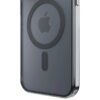 Przezroczyste etui na telefon z czarnym obramowaniem, posiada okrągły wzór i pionowy prostokąt na tylnej części. Na środku widoczne jest logo w kształcie nadgryzionego jabłka.