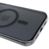 Przezroczyste etui na telefon z czarnym obramowaniem i okrągłym wzorem na środku, z widocznymi wycięciami na przyciski i porty. Na etui znajduje się logo w kształcie nadgryzionego jabłka.